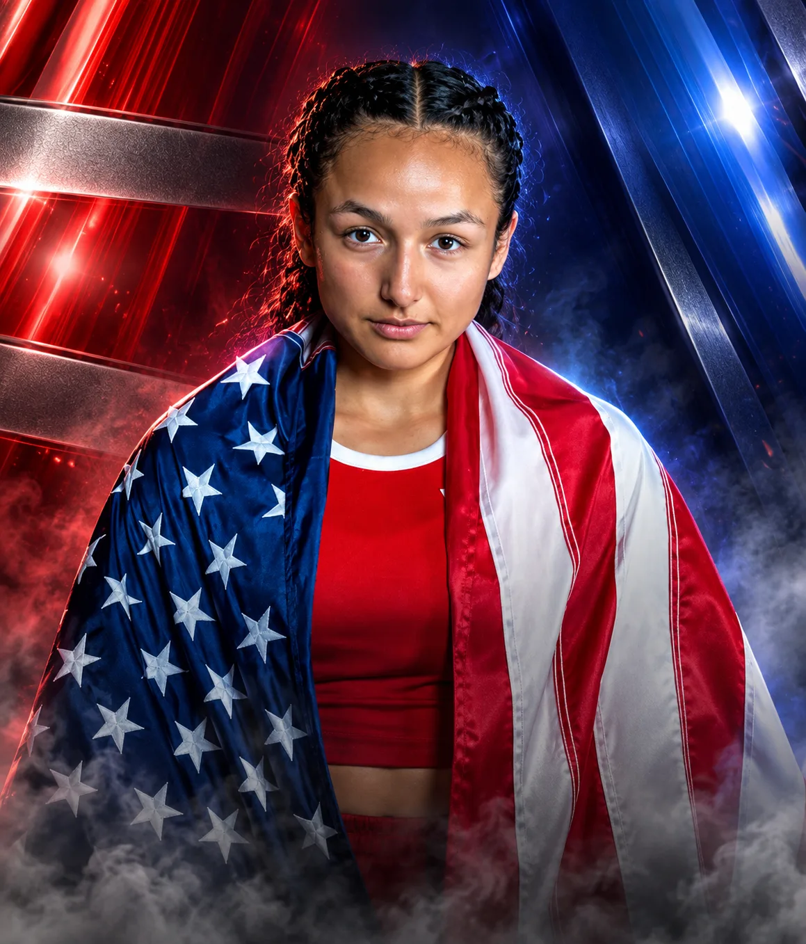 Priscilla with US flag draped around her shoulders